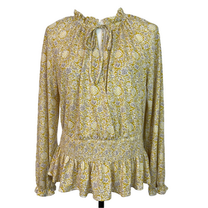Melloday Floral Ruffle Blouse Top Medium Yellow and Gray Boho Tie Keyhole Wrap